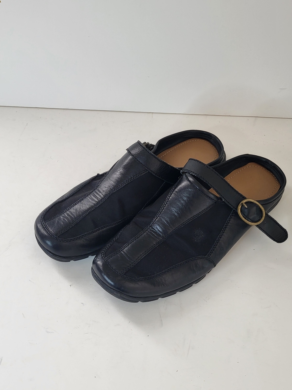 Easy Spirit Women's Black Leather Slip-On Clog with Buckle Strap